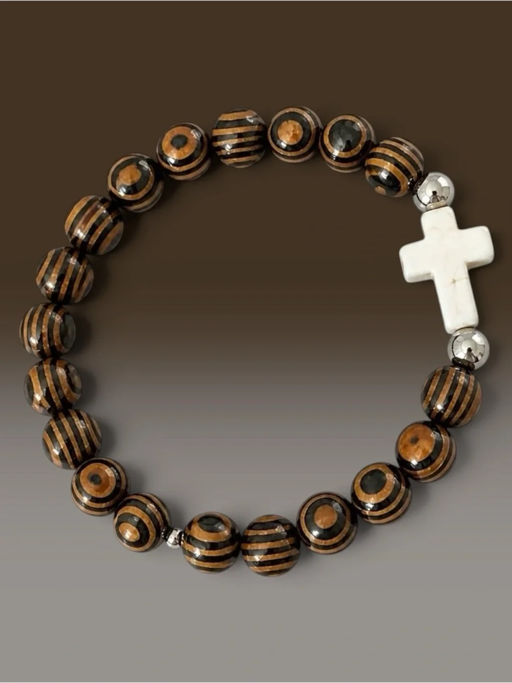 Hand Crafted Brown and Black Striped Wood Bead Bracelet with White Cross